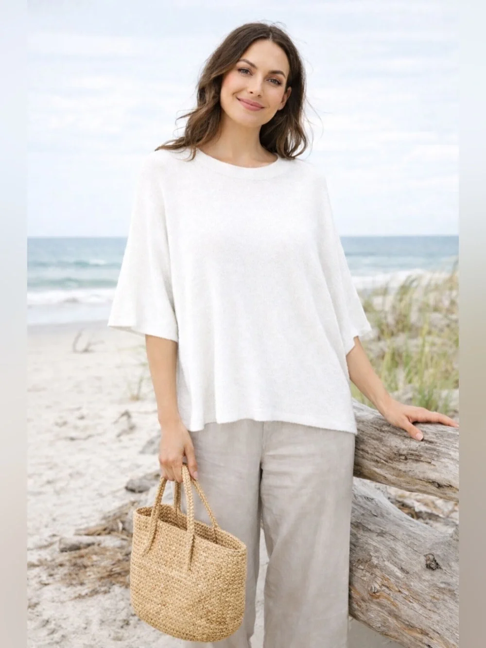 Eileen Fisher Organic Linen Boxy Knit Top Ivory S/M